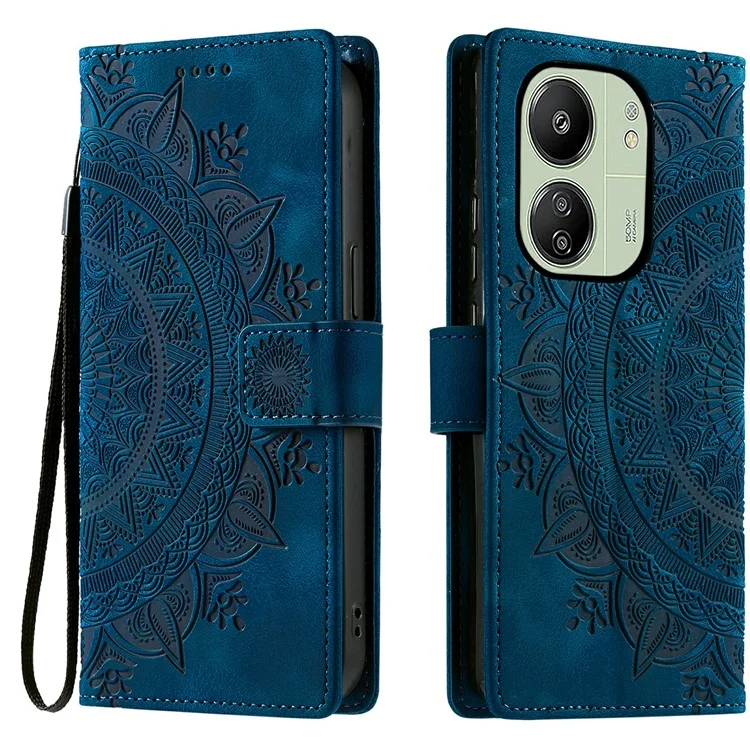 Style 018 pour Xiaomi Redmi 13C 5G / 4G Étui Peau de Portefeuille en Cuir Gravé Totem - Bleu