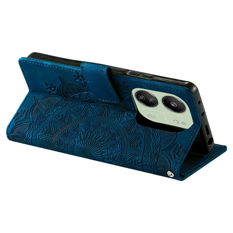 Style 018 pour Xiaomi Redmi 13C 5G / 4G Étui Peau de Portefeuille en Cuir Gravé Totem - Bleu