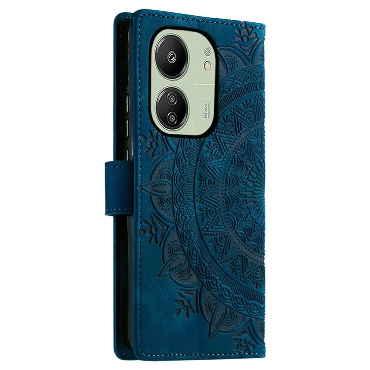 Style 018 pour Xiaomi Redmi 13C 5G / 4G Étui Peau de Portefeuille en Cuir Gravé Totem - Bleu