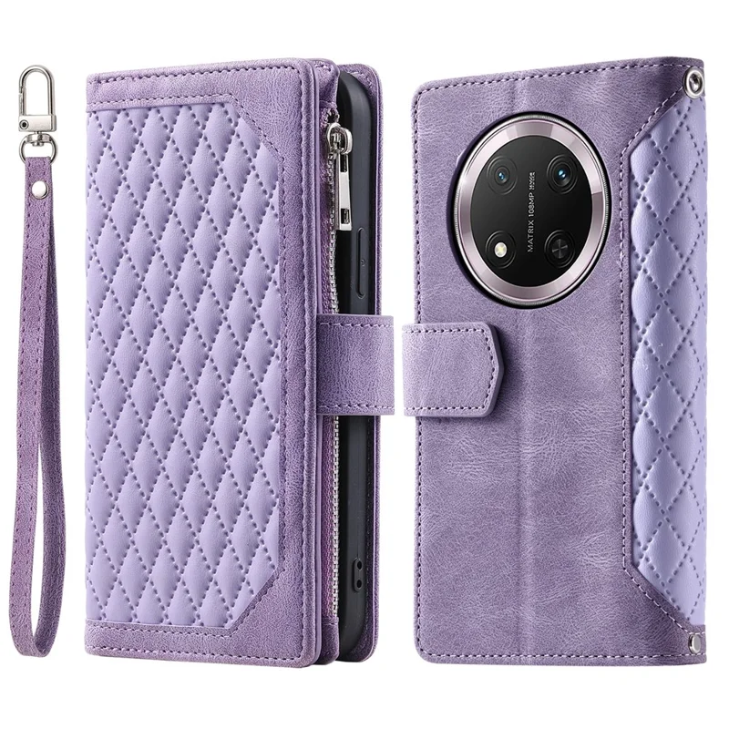 Funda de teléfono de cuero PU con costura de línea de rombo Style 005 For Honor X9c 5G - Púrpura