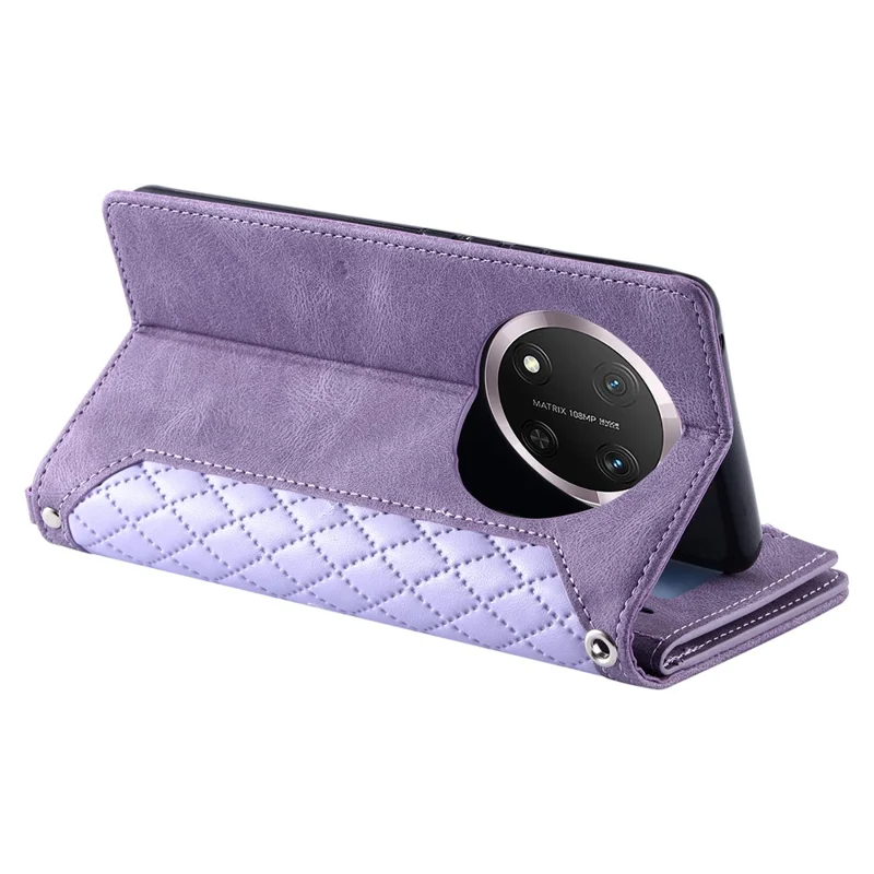 Funda de teléfono de cuero PU con costura de línea de rombo Style 005 For Honor X9c 5G - Púrpura