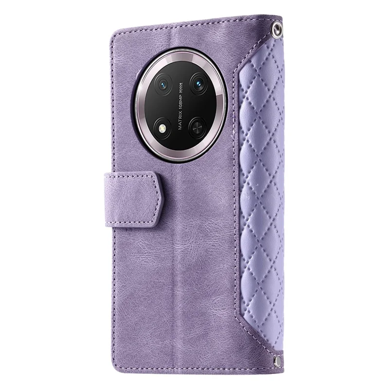 Funda de teléfono de cuero PU con costura de línea de rombo Style 005 For Honor X9c 5G - Púrpura