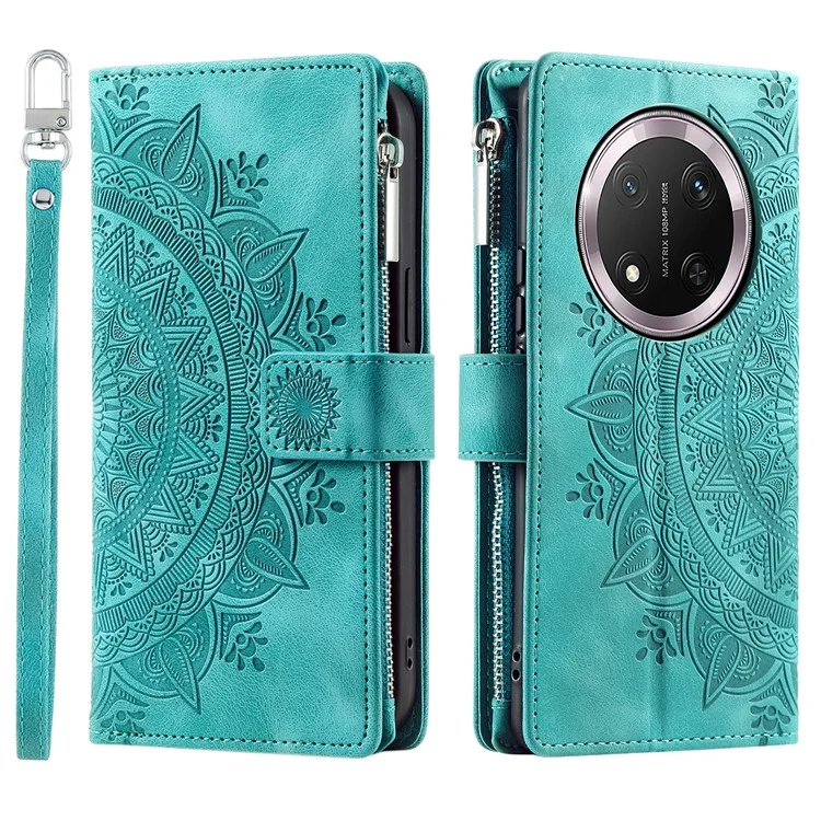 Style 006 For Honor Magic7 Lite 5G / X9c 5G / X60 Pro 5G Wallet Case PU Leather Phone Cover Mandala Flower Pattern - Mint Green