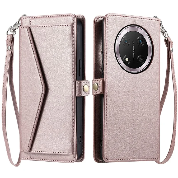 Für Honor X9c 5G Lederetui Geldbörse Ständer Handyhülle mit Riemen - Roségold
