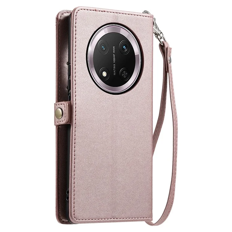 Für Honor X9c 5G Lederetui Geldbörse Ständer Handyhülle mit Riemen - Roségold