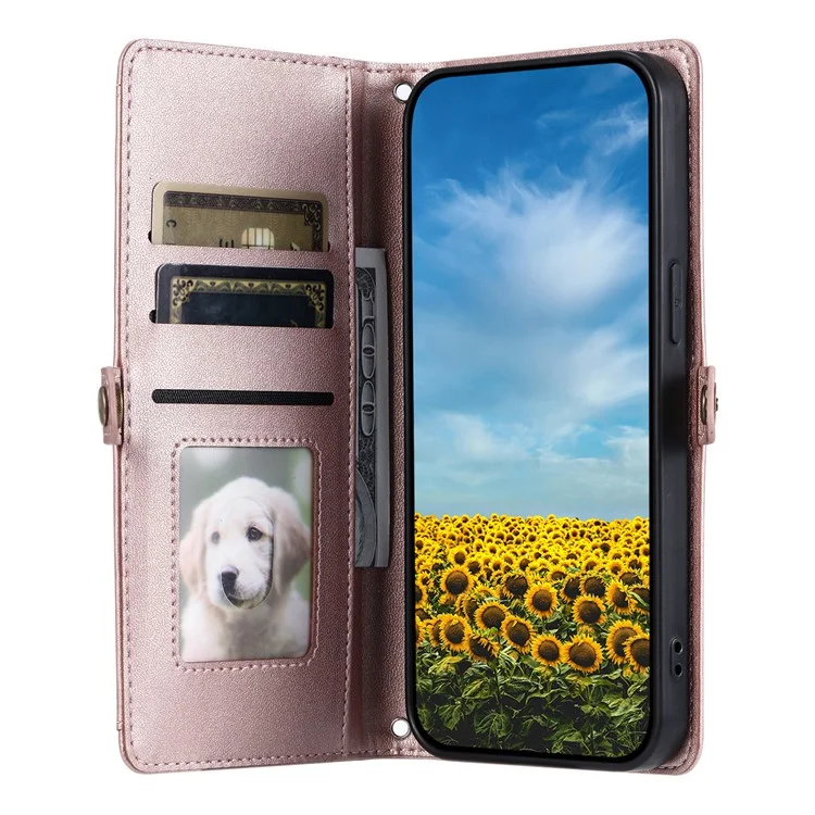 Für Honor X9c 5G Lederetui Geldbörse Ständer Handyhülle mit Riemen - Roségold