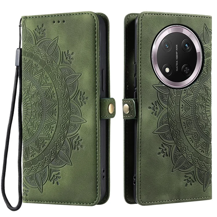 Estojo para celular Style 016 For Honor X9c 5G, com sensação de pele e estampa de totem, capa de couro para carteira - Verde escuro