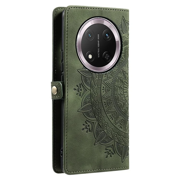 Estojo para celular Style 016 For Honor X9c 5G, com sensação de pele e estampa de totem, capa de couro para carteira - Verde escuro
