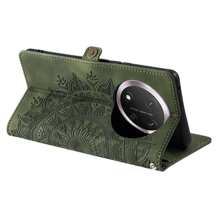 Estojo para celular Style 016 For Honor X9c 5G, com sensação de pele e estampa de totem, capa de couro para carteira - Verde escuro