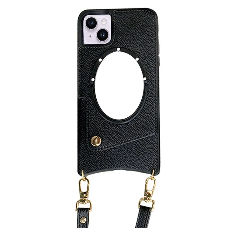 Für Iphone 14 Fish Tail Design Mirror Funktion PU Lederbeschichtete TPU -hülle -kartenhalter -telefonschale Mit Schultergurt - Schwarz