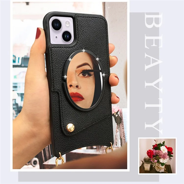 Für Iphone 14 Fish Tail Design Mirror Funktion PU Lederbeschichtete TPU -hülle -kartenhalter -telefonschale Mit Schultergurt - Schwarz