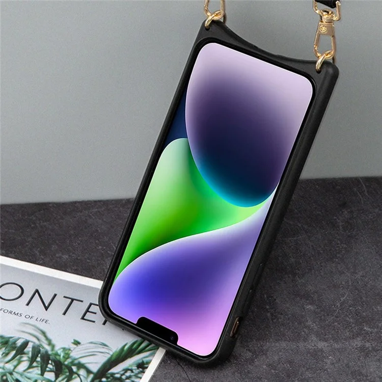 Für Iphone 14 Fish Tail Design Mirror Funktion PU Lederbeschichtete TPU -hülle -kartenhalter -telefonschale Mit Schultergurt - Schwarz