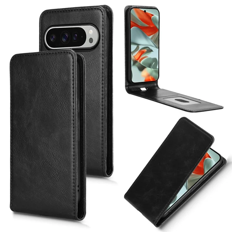 Funda para Google Pixel 9 con ranura para tarjeta, magnética, vertical y de cuero - Negro