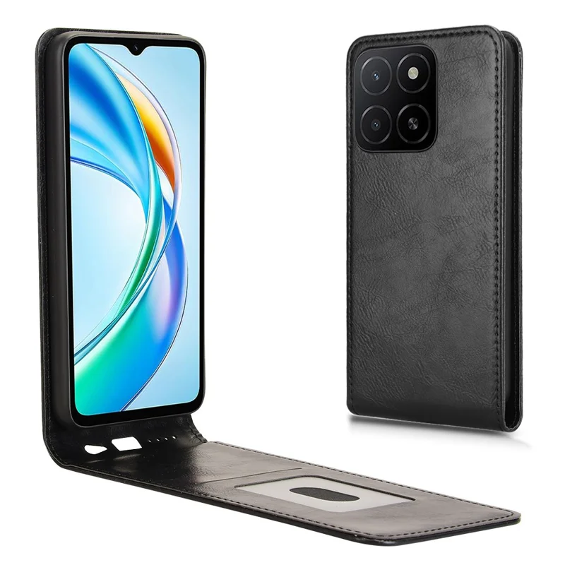 For Honor X5b  /  X5b Plus Case with Card Slot Magnetic Vertical Flip Leather Phone Cover - Black