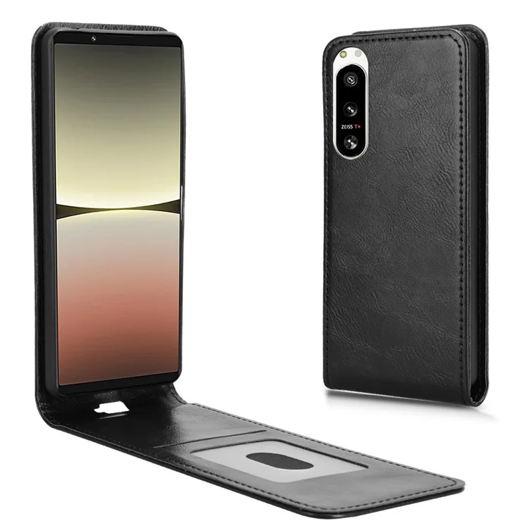 For Sony Xperia 5 IV 5G Case with Card Slot Magnetic Vertical Flip Leather Phone Cover - Black