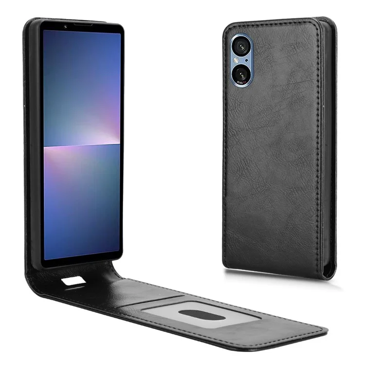 Funda para Sony Xperia 5 V con ranura para tarjeta, tapa magnética vertical de cuero - Negro