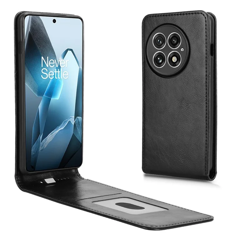 Funda para OnePlus 13 con ranura para tarjetas, tapa magnética vertical de cuero - Negro