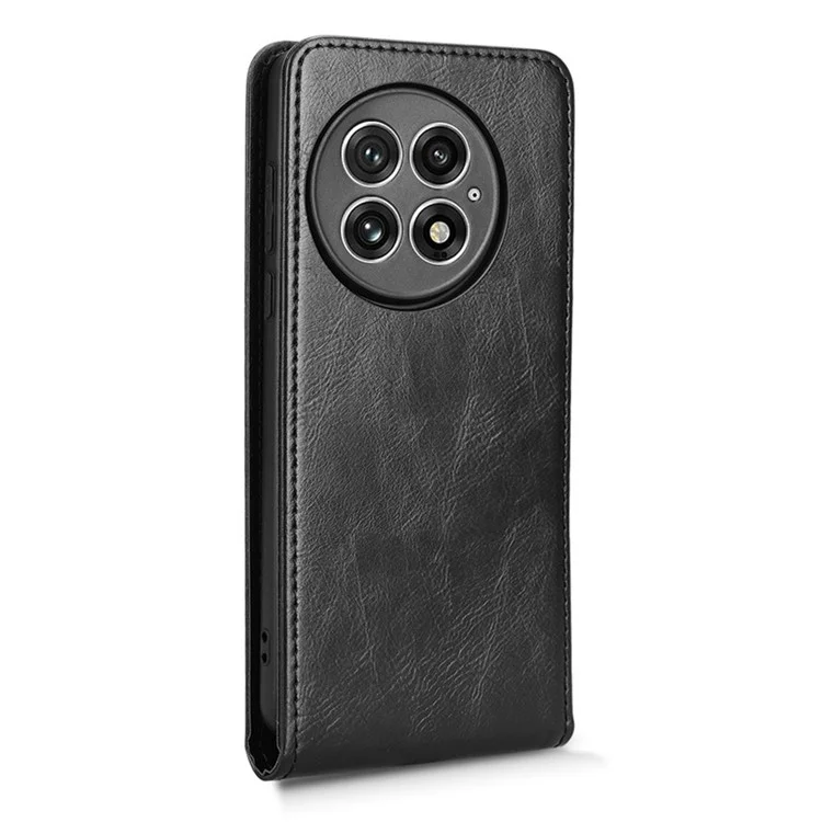Funda para OnePlus 13 con ranura para tarjetas, tapa magnética vertical de cuero - Negro