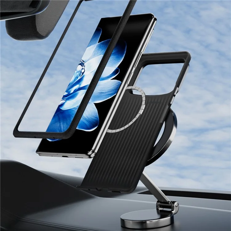 Coque pour Xiaomi Mix Fold 4 5G compatible avec MagSafe, texture en fibre de carbone, couleur noire / argent.