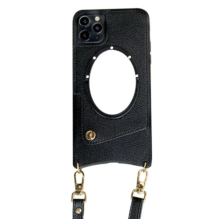 For iPhone 14 Pro Max Fish Tail Design Phone Case Card Holder PU Leather Coated TPU Cover with Mirror Design and Shoulder Strap - Black
