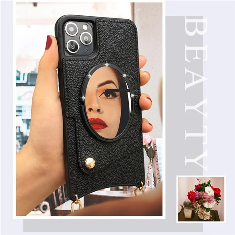For iPhone 14 Pro Max Fish Tail Design Phone Case Card Holder PU Leather Coated TPU Cover with Mirror Design and Shoulder Strap - Black