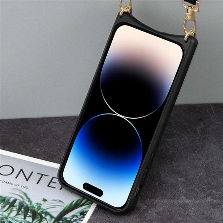 For iPhone 14 Pro Max Fish Tail Design Phone Case Card Holder PU Leather Coated TPU Cover with Mirror Design and Shoulder Strap - Black