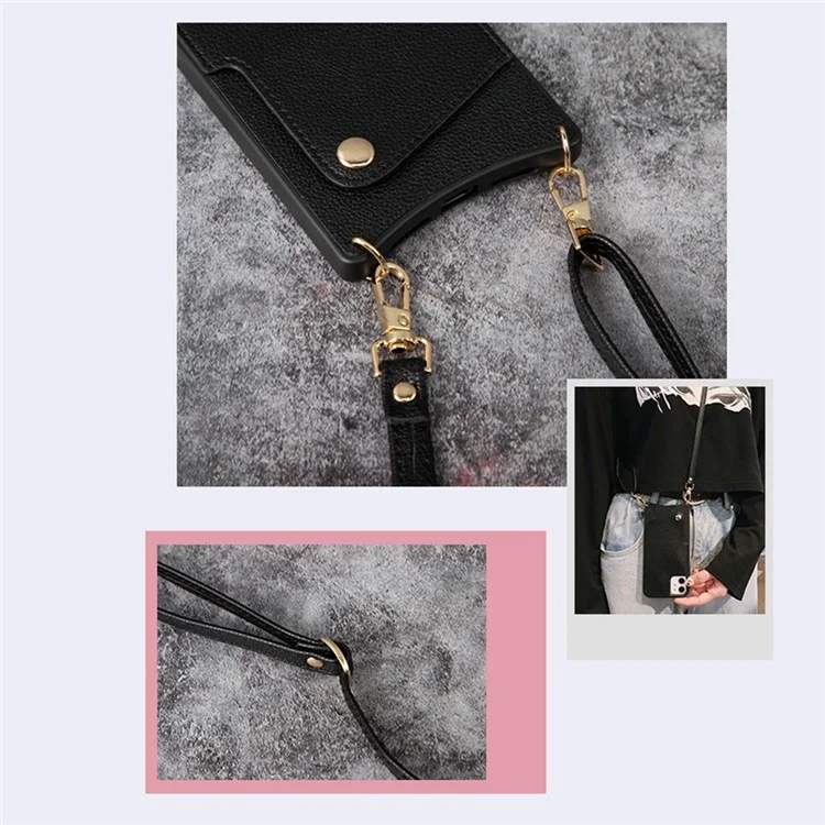 For iPhone 14 Pro Max Fish Tail Design Phone Case Card Holder PU Leather Coated TPU Cover with Mirror Design and Shoulder Strap - Black