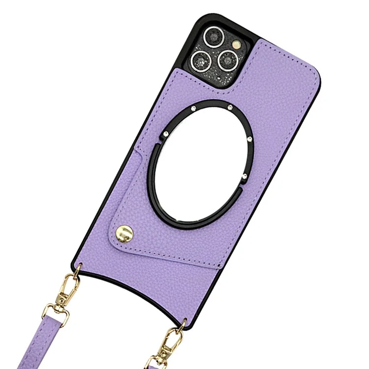 Para Iphone 12 / 12 Pro 6.1 Pulgadas de Diseño de Cola de Pescado Mirror PU + TPU Case Topiconario Anti-srratch Tope Telephip Con Correa Para el Hombro - Violeta