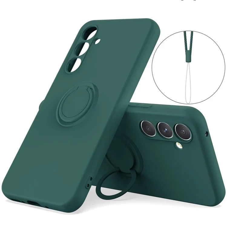 For Samsung Galaxy A16 5G  /  4G Silicone Case with Strap Ring Kickstand Phone Cover - Blackish Green