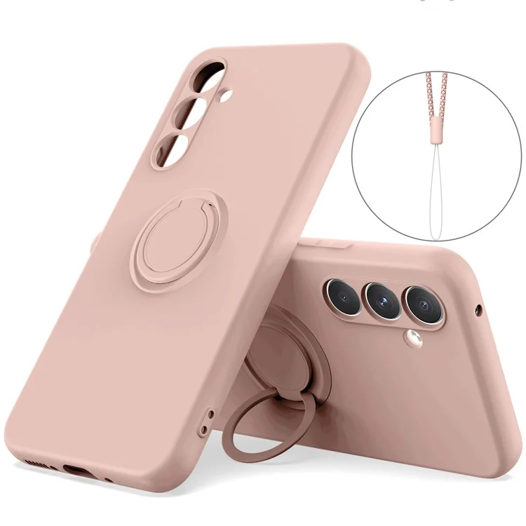 For Samsung Galaxy A26 5G Silicone Case with Strap Ring Kickstand Phone Cover - Pink