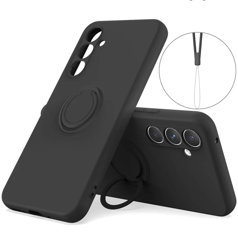 For Samsung Galaxy A36 5G Silicone Case with Strap Ring Kickstand Phone Cover - Black