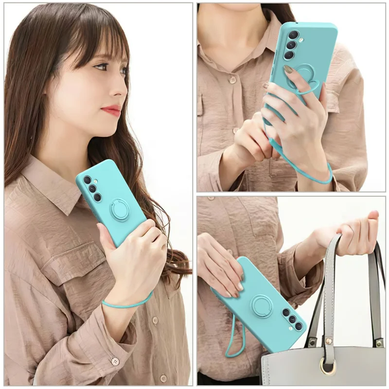 For Samsung Galaxy A56 5G Silicone Case with Strap Ring Kickstand Phone Cover - Pink