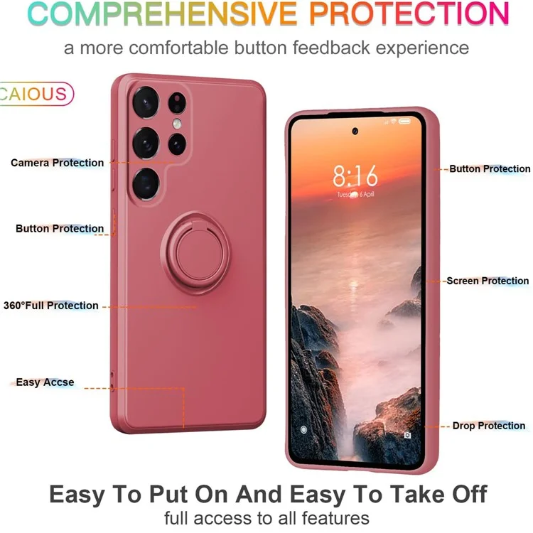 For Samsung Galaxy S25 Ultra Silicone Case with Strap Ring Kickstand Phone Cover - Red