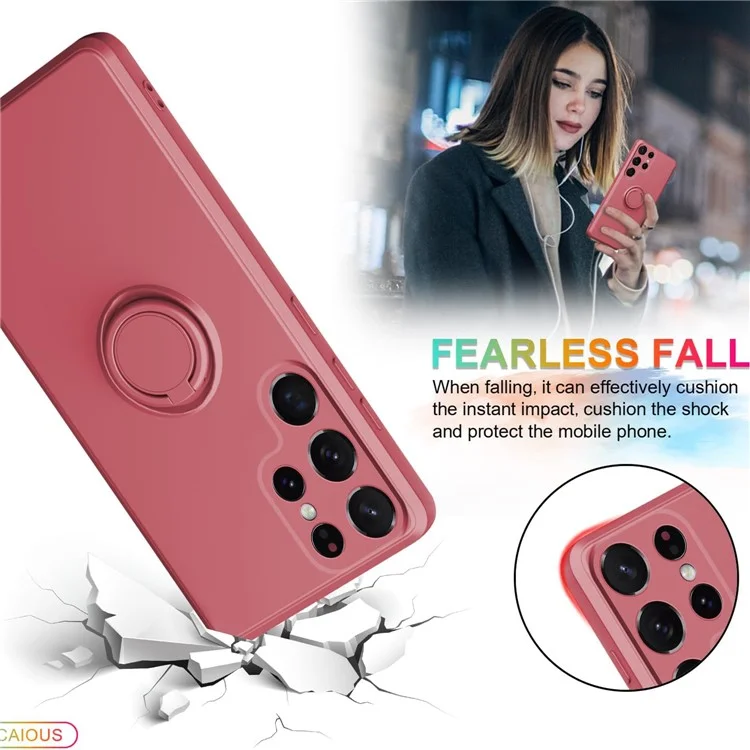 For Samsung Galaxy S25 Ultra Silicone Case with Strap Ring Kickstand Phone Cover - Red