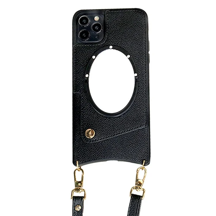 Für Iphone 12 Pro Max 6,7 -zoll -kartenhalter Phone Hülle Fisch Schwanz Design PU Leder Beschichtetes TPU Mirror Design Protective Cover Mit Schultergurt - Schwarz
