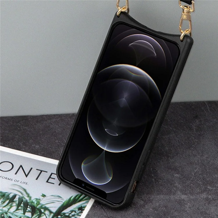 Für Iphone 12 Pro Max 6,7 -zoll -kartenhalter Phone Hülle Fisch Schwanz Design PU Leder Beschichtetes TPU Mirror Design Protective Cover Mit Schultergurt - Schwarz
