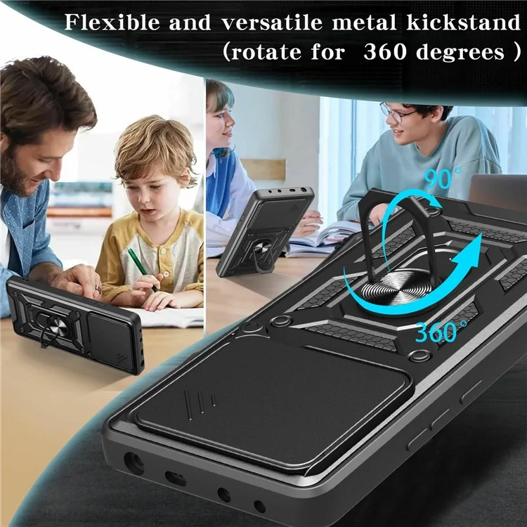 For TECNO Pova 6 4G Case with Slide Camera Lid PC+TPU Kickstand Phone Cover - Black