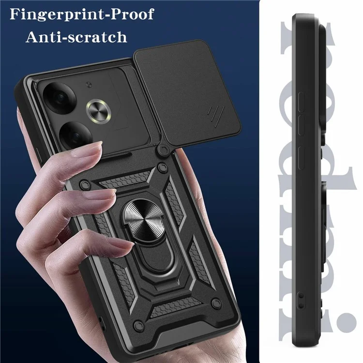 For TECNO Pova 6 4G Case with Slide Camera Lid PC+TPU Kickstand Phone Cover - Black