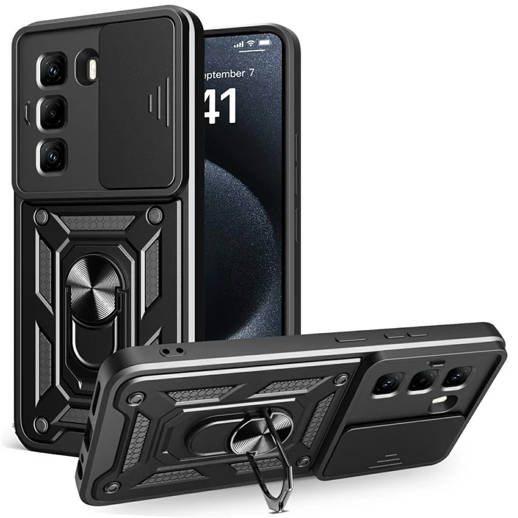 Чехол для Infinix Hot 50 Pro 4G с выдвижной крышкой для камеры, PC+TPU, со стойкой - Черный
