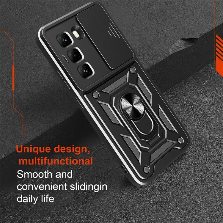 Чехол для Infinix Hot 50 Pro 4G с выдвижной крышкой для камеры, PC+TPU, со стойкой - Черный