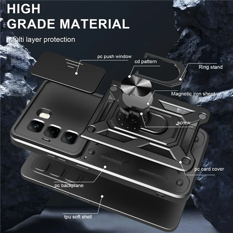 Чехол для Infinix Hot 50 Pro 4G с выдвижной крышкой для камеры, PC+TPU, со стойкой - Черный