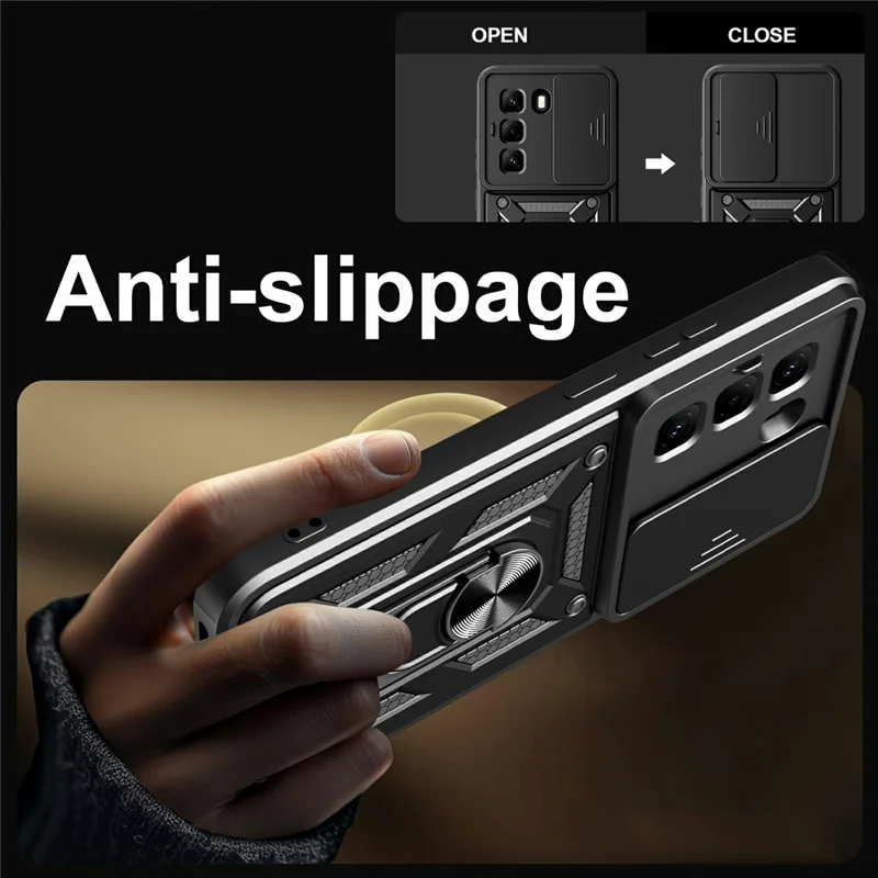 For Infinix Hot 50 Pro 4G Case with Slide Camera Lid PC+TPU Kickstand Phone Cover - Rose Gold