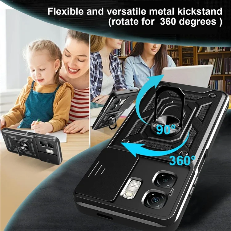 Custodia per Infinix Hot 50i 4G / Smart 9 4G con coperchio scorrevole per fotocamera, in PC+TPU, con supporto - Nero
