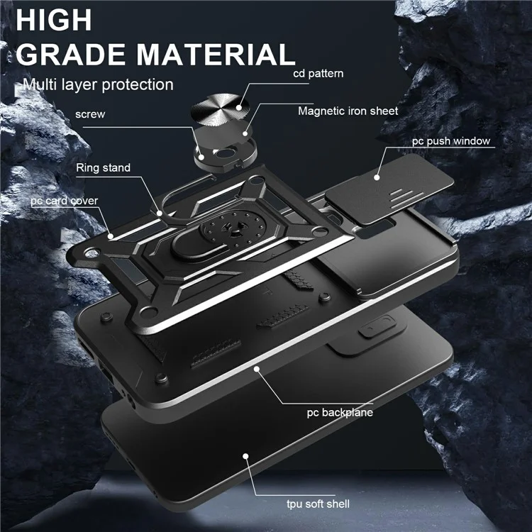 Custodia per Infinix Hot 50i 4G / Smart 9 4G con coperchio scorrevole per fotocamera, in PC+TPU, con supporto - Nero