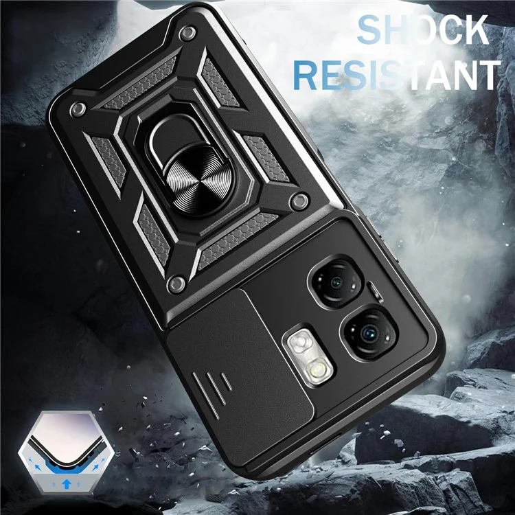 Custodia per Infinix Hot 50i 4G / Smart 9 4G con coperchio scorrevole per fotocamera, in PC+TPU, con supporto - Nero
