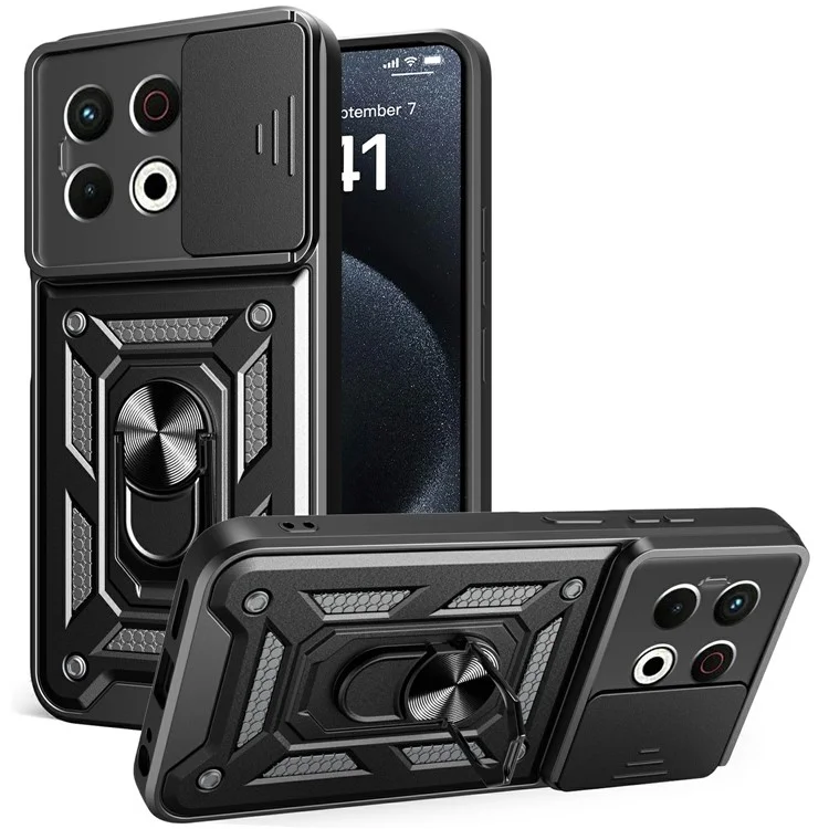 Для TECNO Spark 30 Pro 4G чехол с выдвижной крышкой камеры ПК+ТПУ подставка чехол для телефона - черный