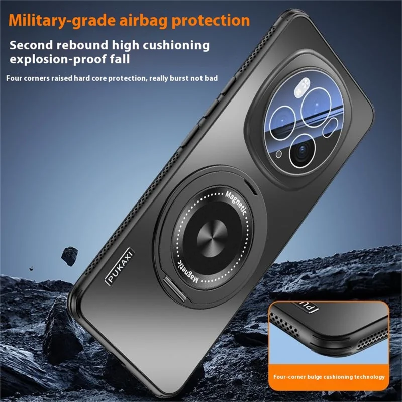 For Honor Magic6 Pro 5G Magnetic Case Kickstand TPU PC Heat Dissipation Phone Cover - Black