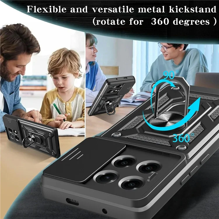 Funda para TECNO Camon 30S 4G con tapa deslizante para la cámara, PC+TPU, con soporte - Negro
