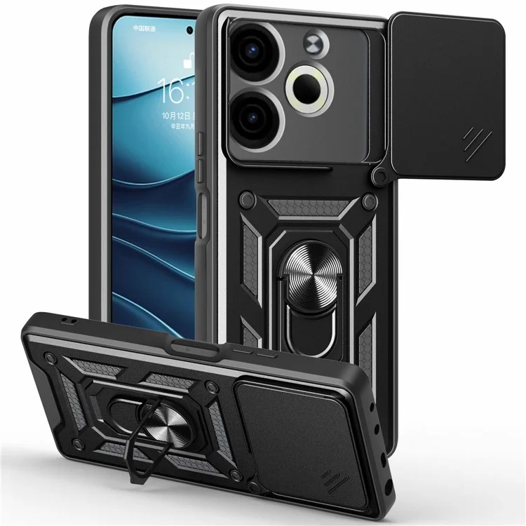Funda para TECNO Pova 6 Neo con tapa de la cámara deslizante PC+TPU, con soporte - Negro