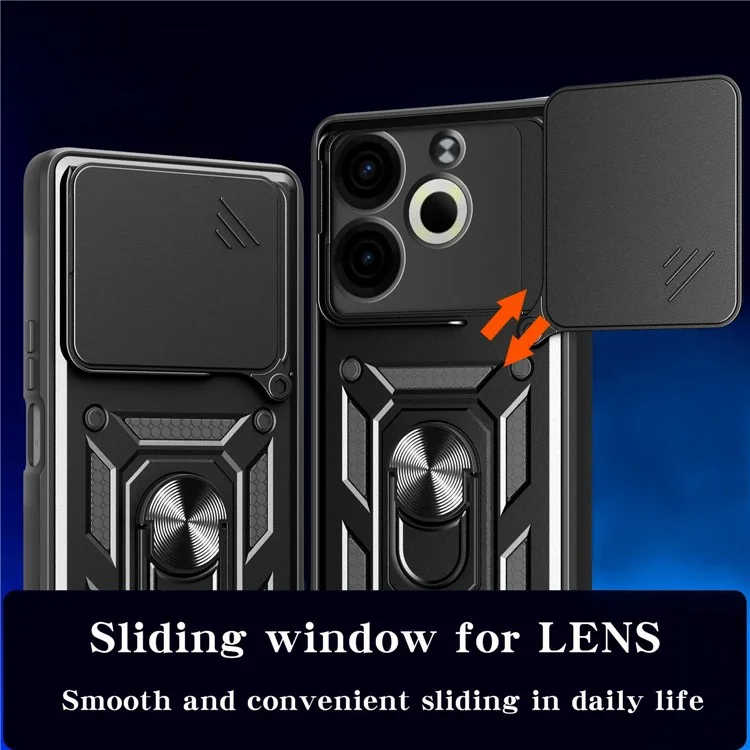 Funda para TECNO Pova 6 Neo con tapa de la cámara deslizante PC+TPU, con soporte - Negro